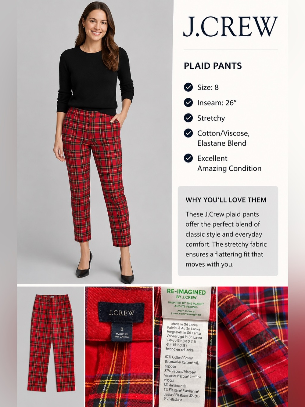 J. Crew Red Tartan Plaid Cropped Pants Size 8 Stretch Holiday Preppy